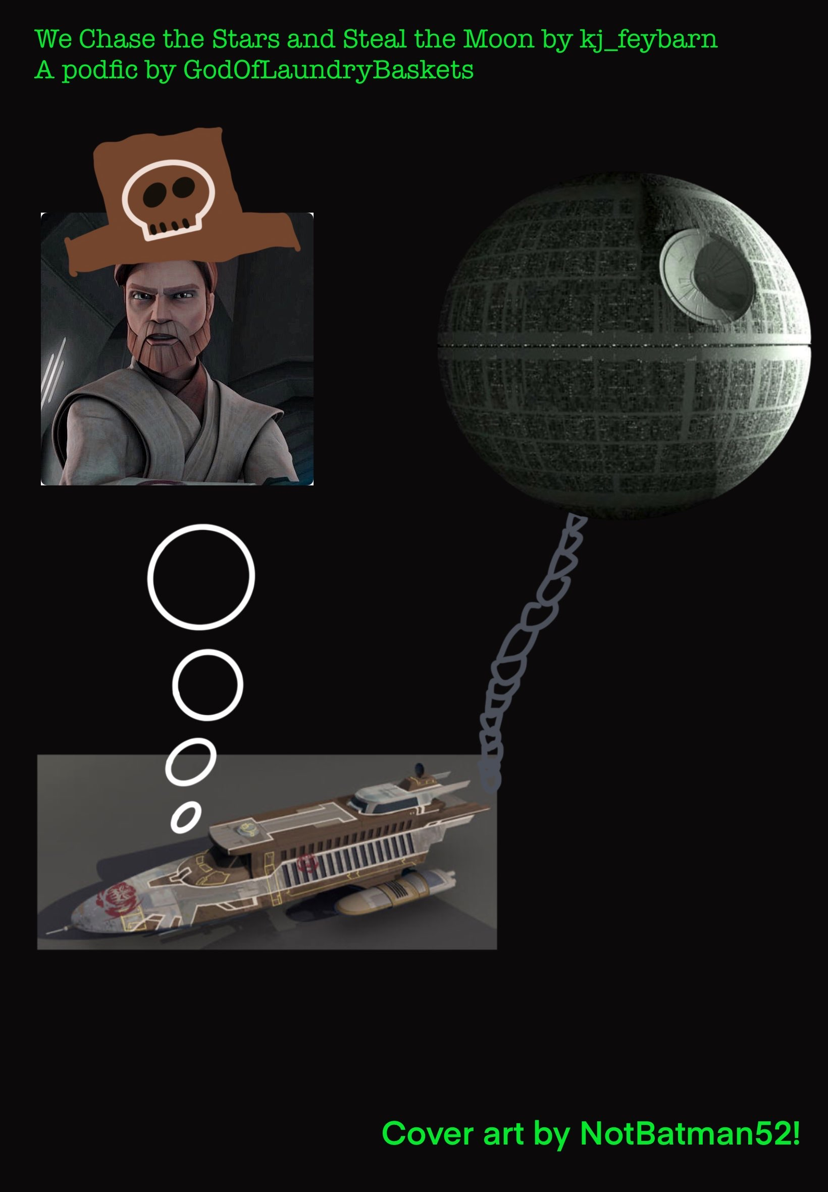a painted pirates hat atop obi-wans head. a starship towing the deathstar